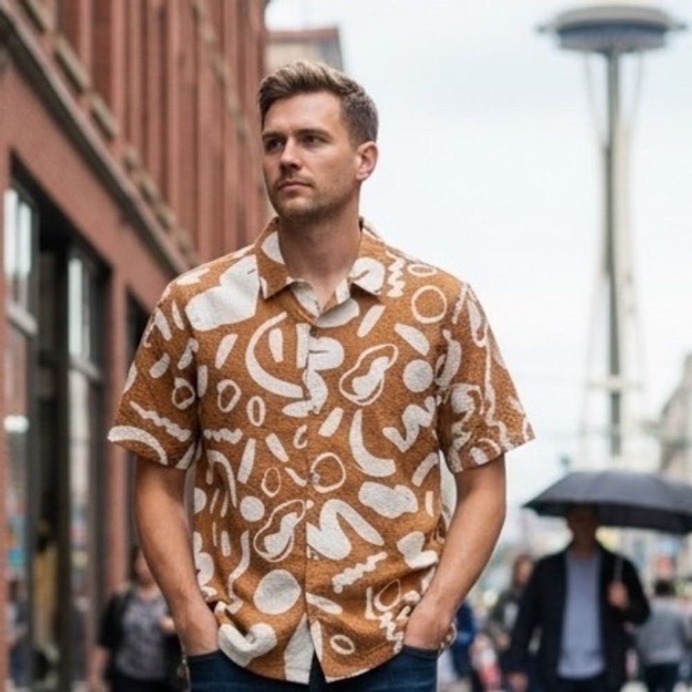 Common People Mens Seersucker Abstract Geometric Short Sleeve Shirt Ochre Size M